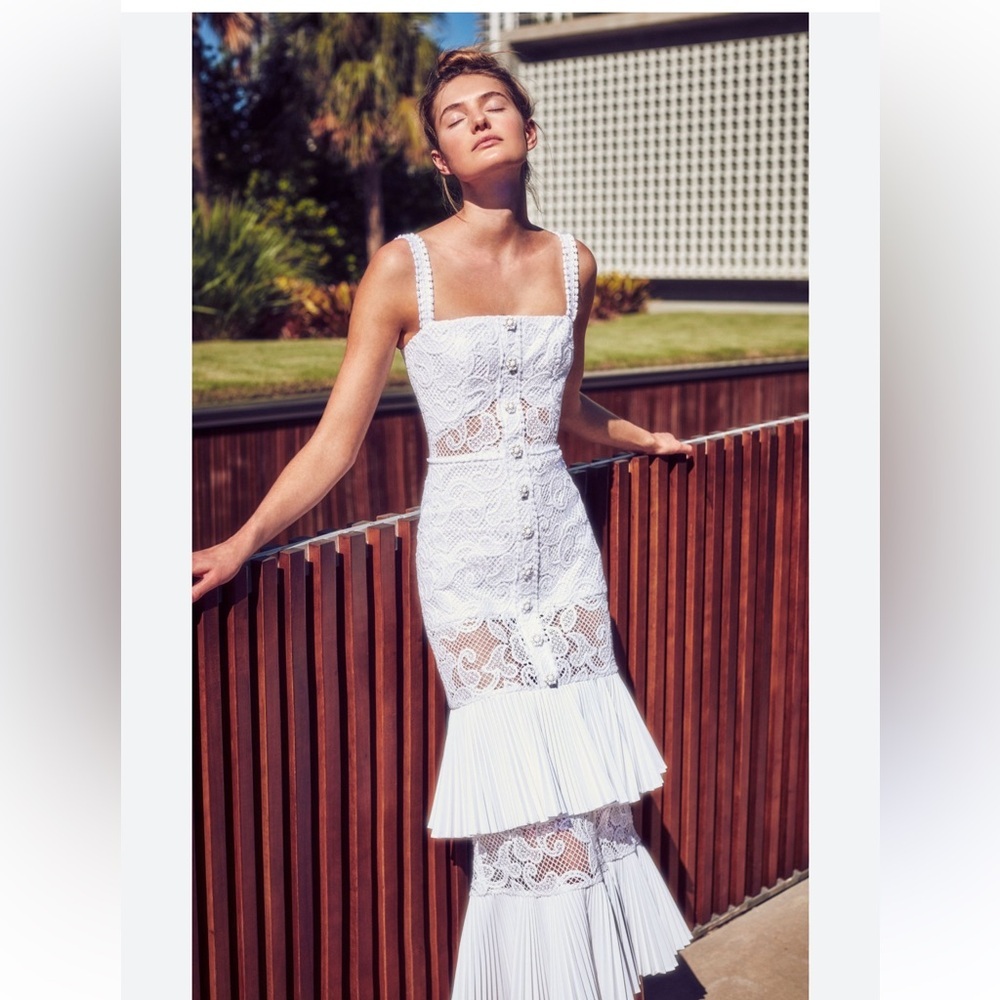 Alexis Lyssa White Pleat Midi Crochet Dress